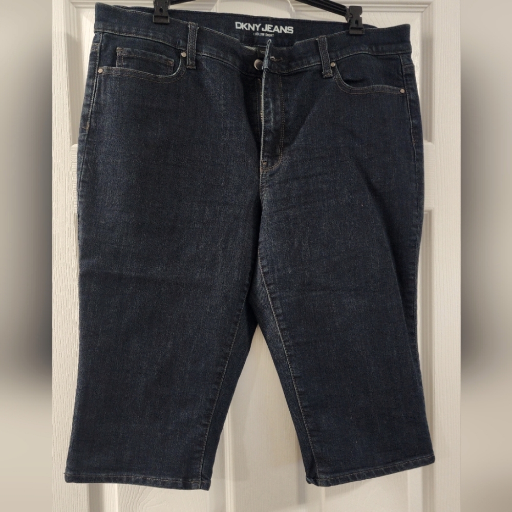 DKNY size 16 knee length shorts.  Dark blue  smooth stretch denim.